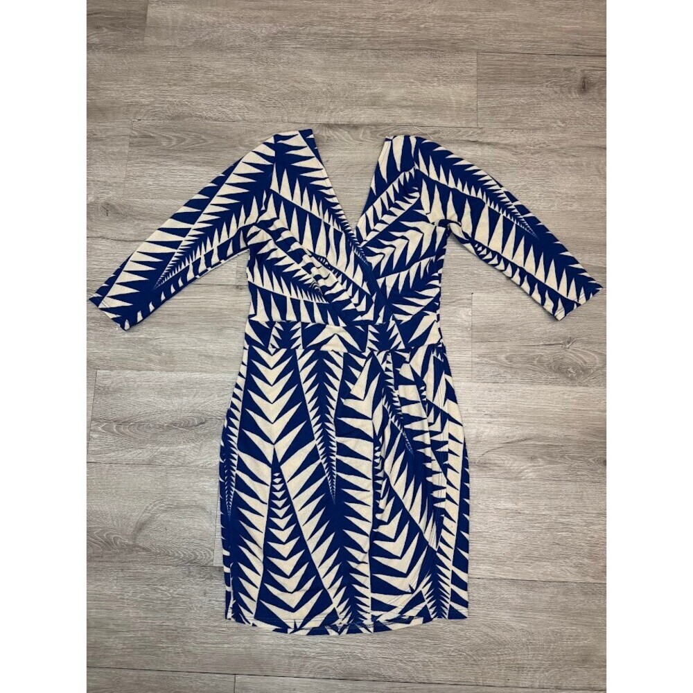 Blue Cream Geometric Faux Wrap Bodycon Midi Dress V Neck 3/4 Sleeve Medium